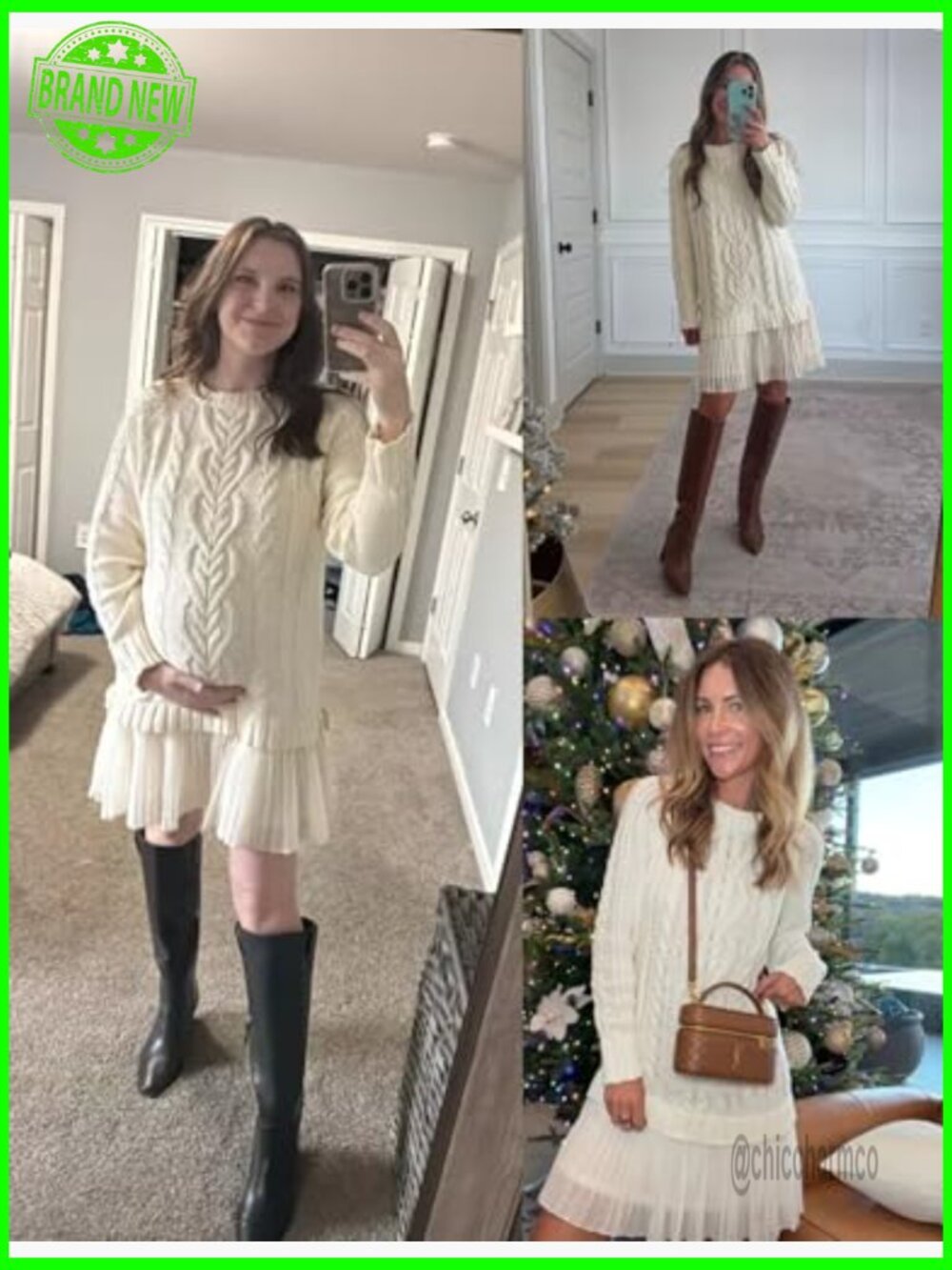 Women Cable Knit Sweater Dress Crewneck Long Sleeve Pleated Mini Twofer Style - Picture 2 of 7